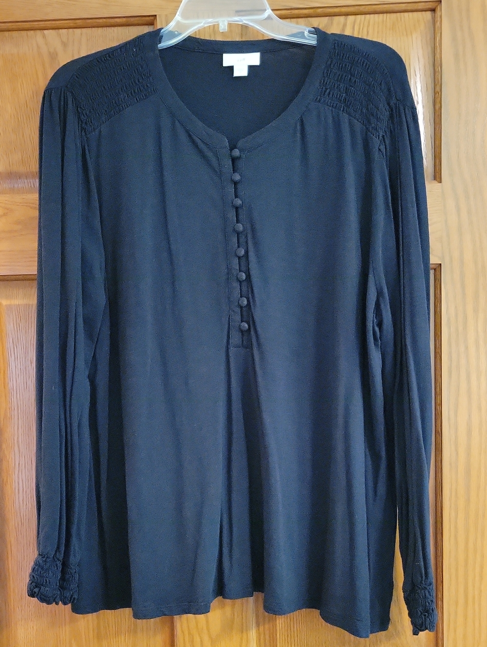 J. Jill Black Long-Sleeve Button-Front Top with Smocked Shoulders